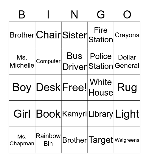 Noun Bingo Card