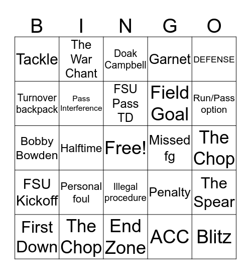 FSU Fun Bingo Card