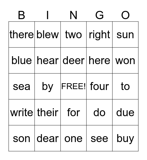 Homonyms Bingo Card