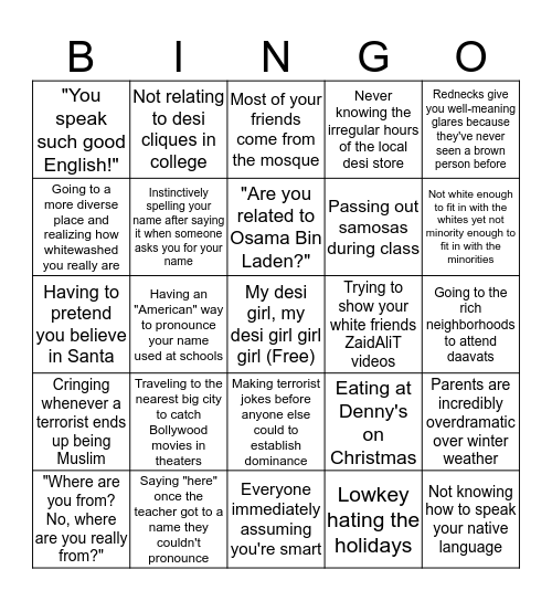 Growing Up Desi and Muslim in a Mostly White Small Town Bingo Card