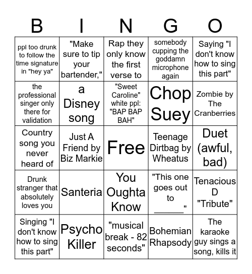 Karaoke Bingo Card
