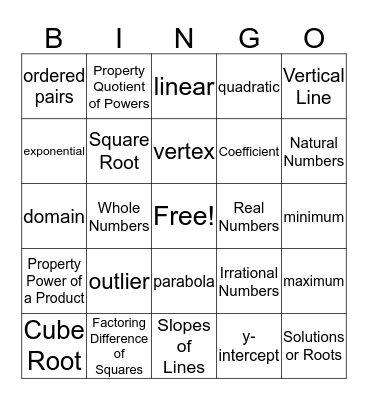 Algebra 1 Bingo Card