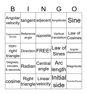 Trigonometry Review Bingo Card