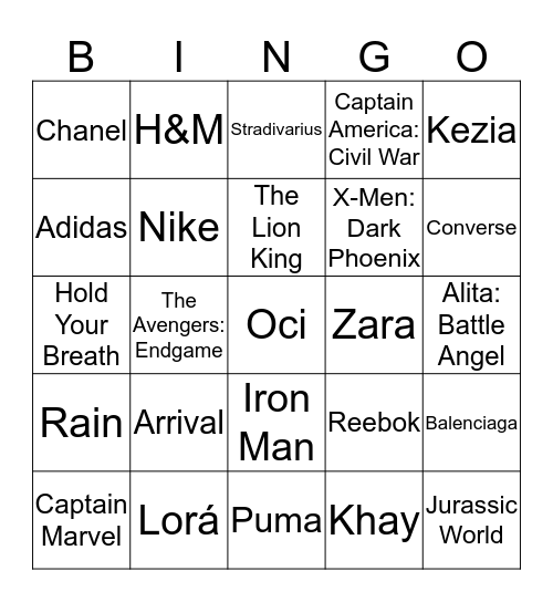 XIAOxRA Bingo Card