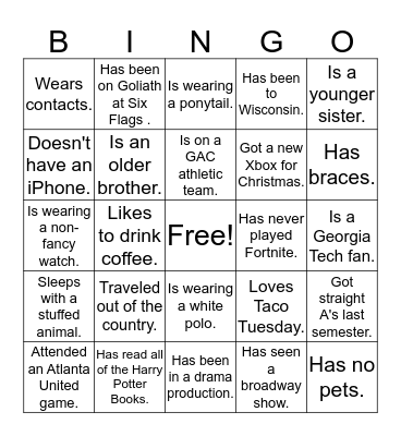 Welcome Back Bingo Card