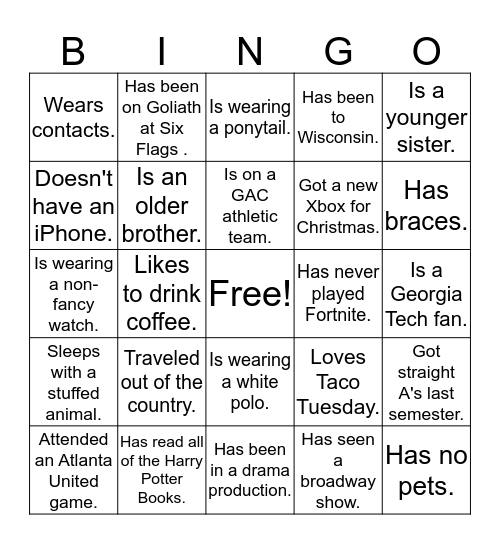 Welcome Back Bingo Card
