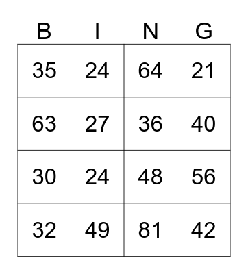 Multiplication Bingo Card