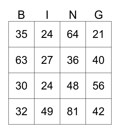 Multiplication Bingo Card