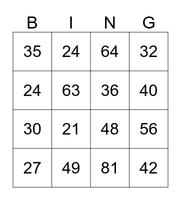 Multiplication Bingo Card