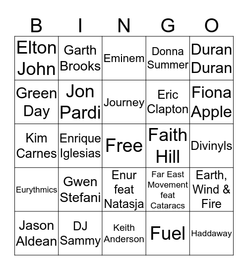 Game 4 - Artist Bingo Card