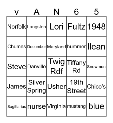 Van's 65th Birthday Bingo Card