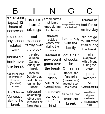 Winter break bingo! Bingo Card