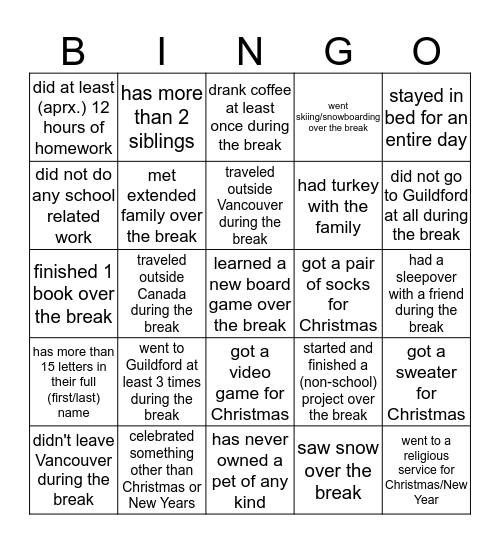 Winter break bingo! Bingo Card