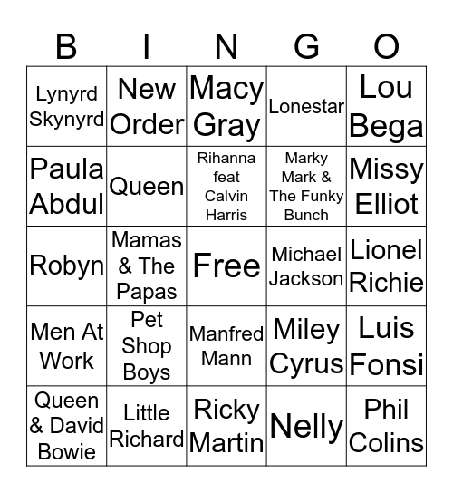 Game 6 - Artist Bingo Card