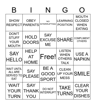 MANNERS Bingo Card