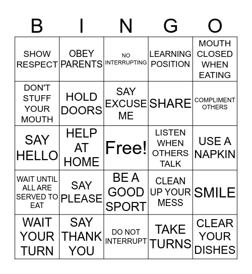 MANNERS Bingo Card