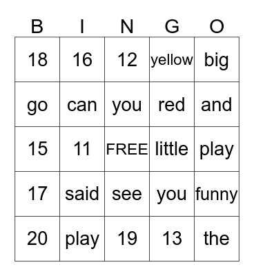 Sight Word and Number Bingo Card