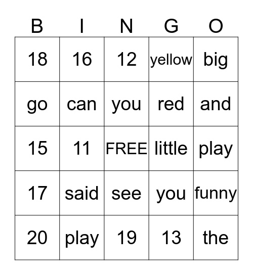 Sight Word and Number Bingo Card