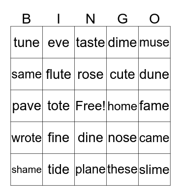 Long Vowel (Silent e) Bingo Card