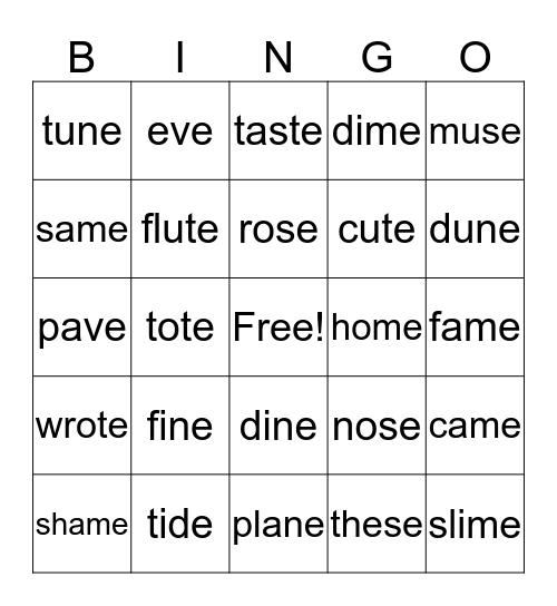 Long Vowel (Silent e) Bingo Card