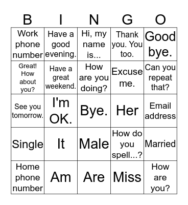 UNIT 1 - What's your name? Bingo Card