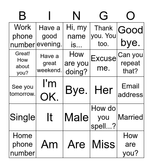 UNIT 1 - What's your name? Bingo Card