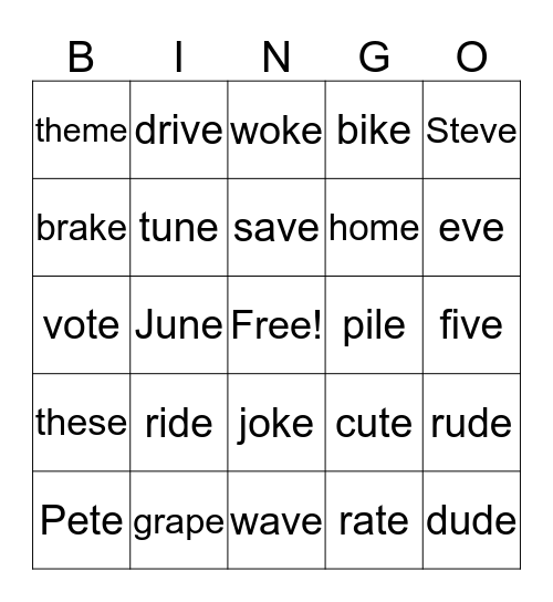 Silent E Bingo Card