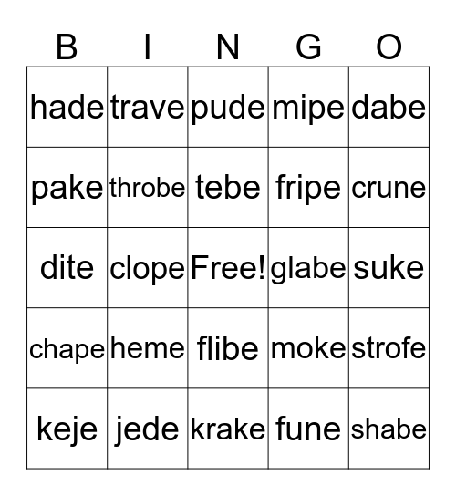 Silly Words Silent E Bingo Card