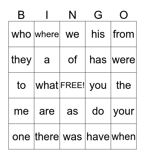 Fundations Trick Words Bingo Card