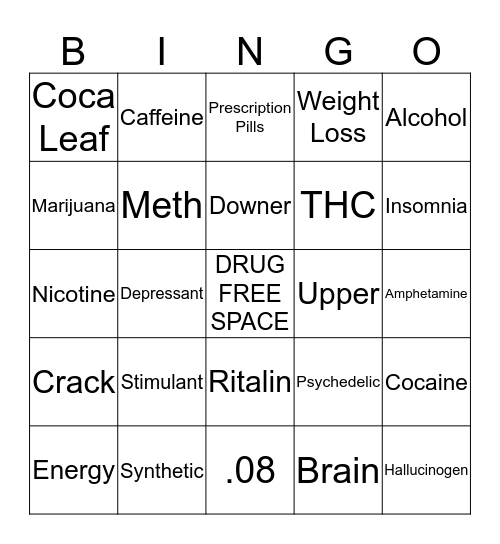 Alcohol and Drug Bingo Card