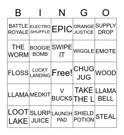 FORTNITE BINGO Card