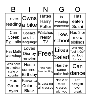 Classmate Bingo Card