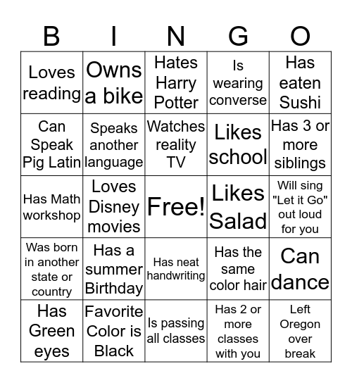 Classmate Bingo Card