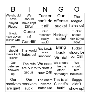 Ravens Fan Excuse Bingo Card