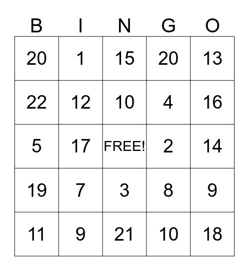 Math Facts Bingo Card