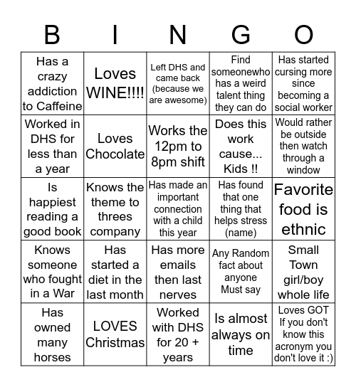 Social Work Bingo Card