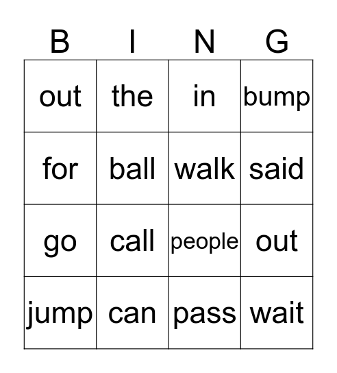 Sight Word Bingo Card