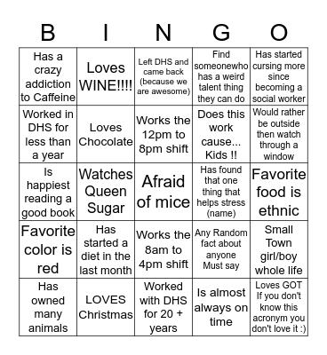 Social Work Bingo Card