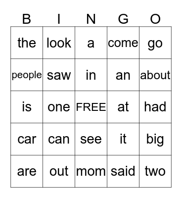 Level C Sight Word Bingo Card