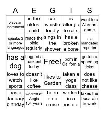 Aegis Palace Casino Bingo Card