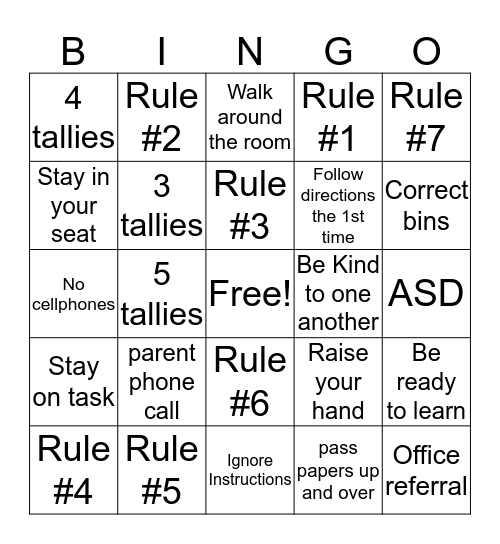 Rules and Procedures Bingo Card
