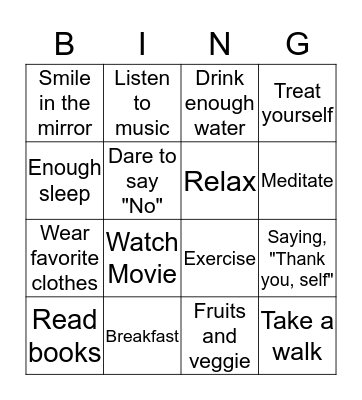 Self Care Bingo Card