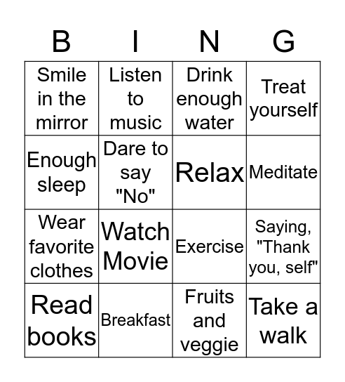 Self Care Bingo Card