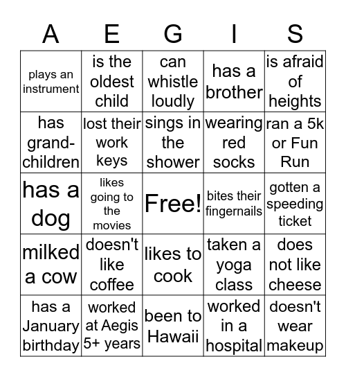 Aegis Palace Casino Bingo Card