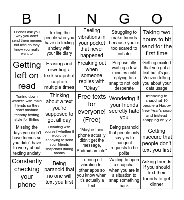 Texting Anxiety Bingo Card