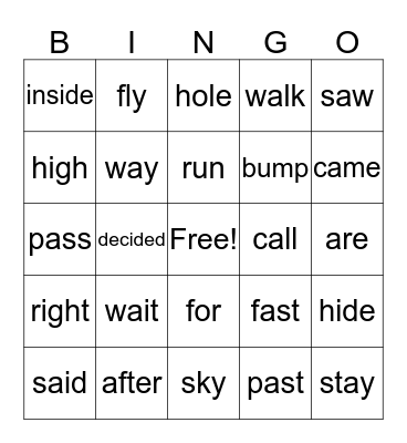 Level D-E Sight Word Bingo Card