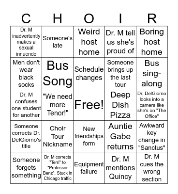 Choir Tour Bingo Card