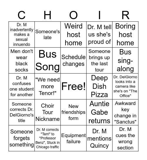 Choir Tour Bingo Card