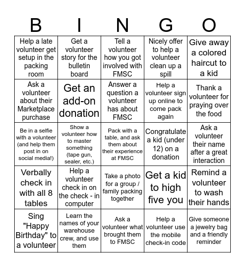 Volunteer Bingo - FMSC Aurora Bingo Card