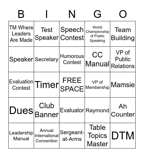 Toastmasters Bingo Card